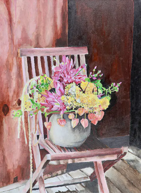 Flowers Sitting on Chair (acrylic)
